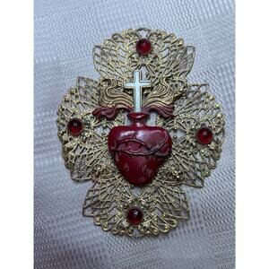 Antique priest vestment brooch Catholic sacred heart filigree gold metal pin